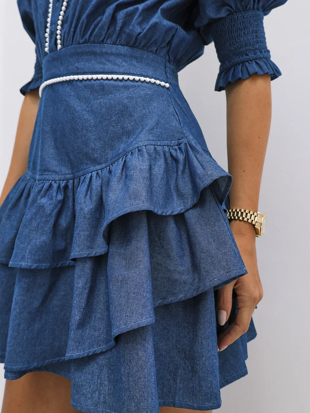 Allegra Chambray Dress With Pearl Trim | Denim