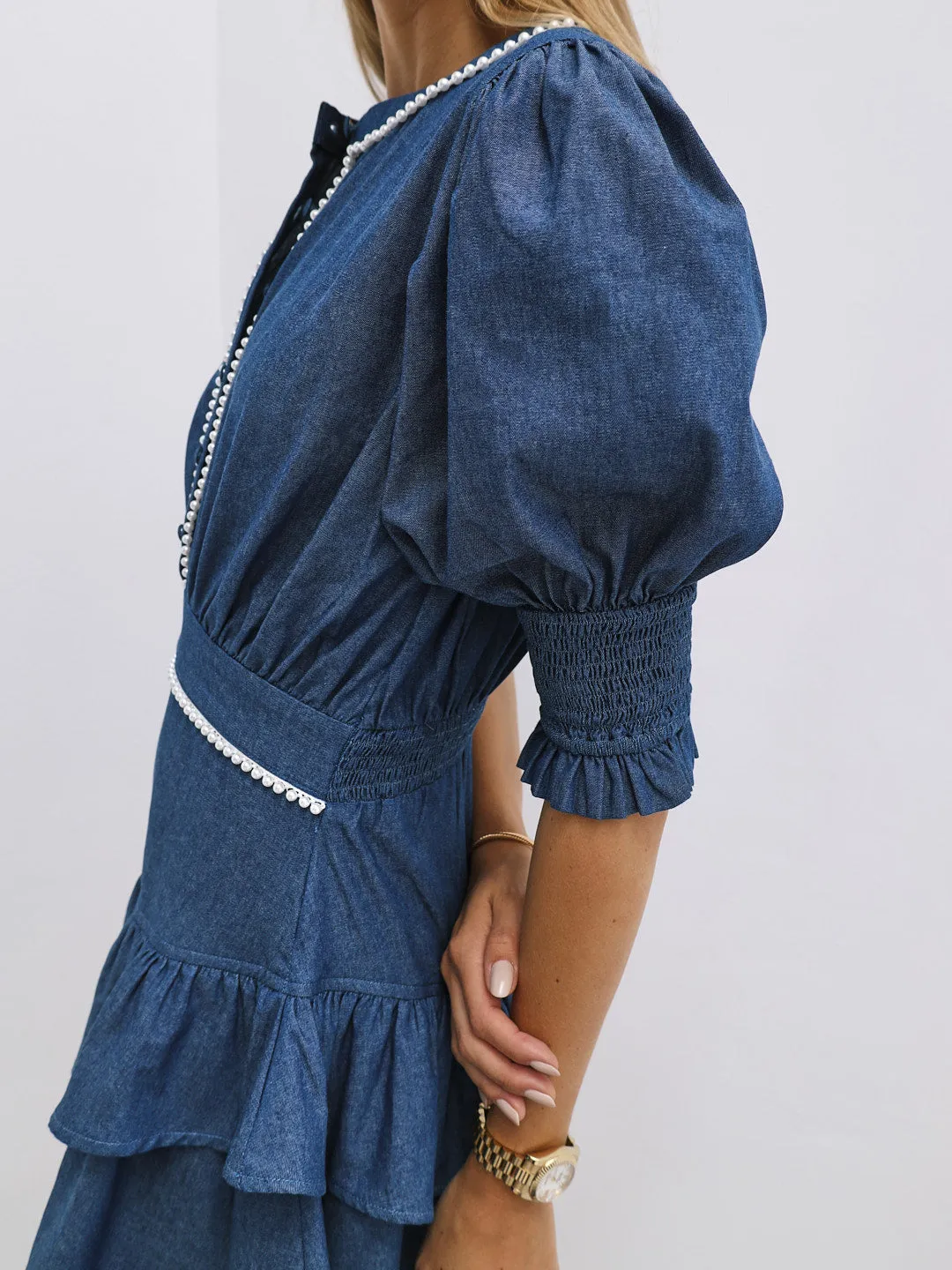 Allegra Chambray Dress With Pearl Trim | Denim