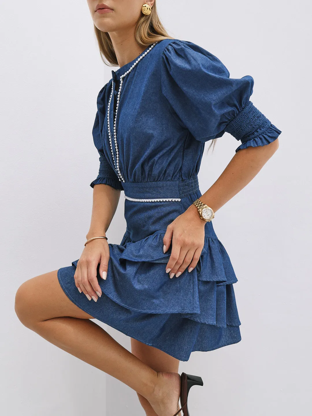 Allegra Chambray Dress With Pearl Trim | Denim