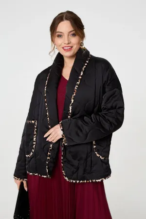 Animal Print Trim Open Front Padded Coat