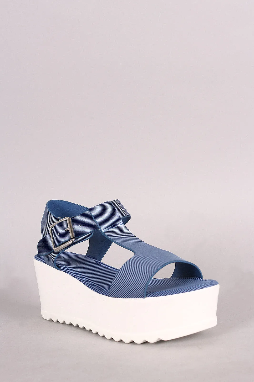 Bamboo Denim T-Strap Open Toe Lug Sole Flatform