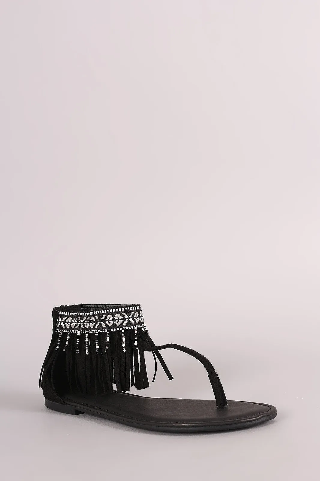 Bamboo Suede Embroidered Fringe Cuff T-Strap Flat Sandal