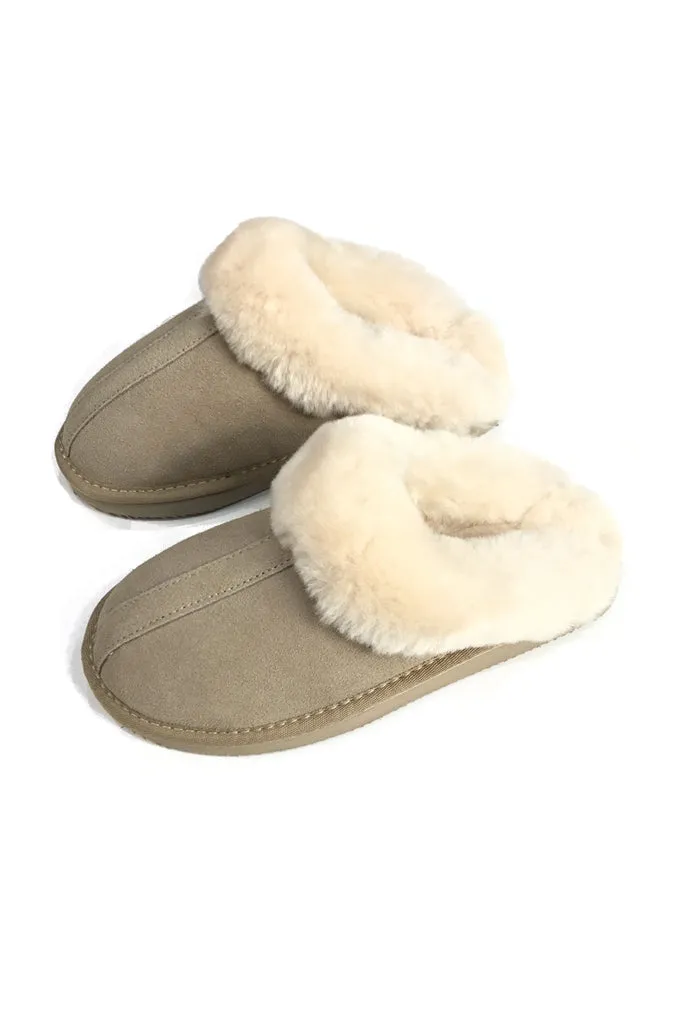 Beige Cream Luxury Sheepskin Wedge Slippers