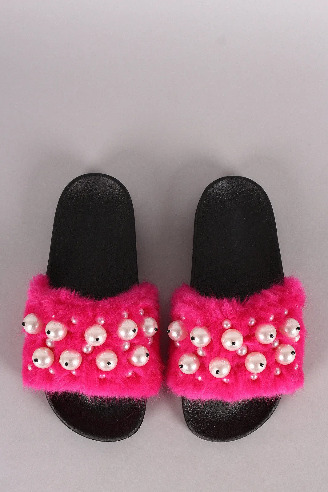 Faux Pearl Embellished Fur Slide Sandals