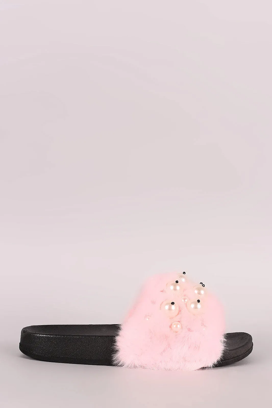 Faux Pearl Embellished Fur Slide Sandals