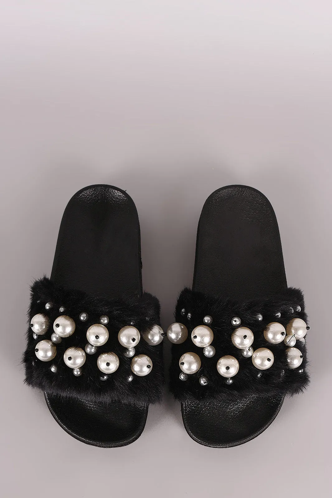 Faux Pearl Embellished Fur Slide Sandals