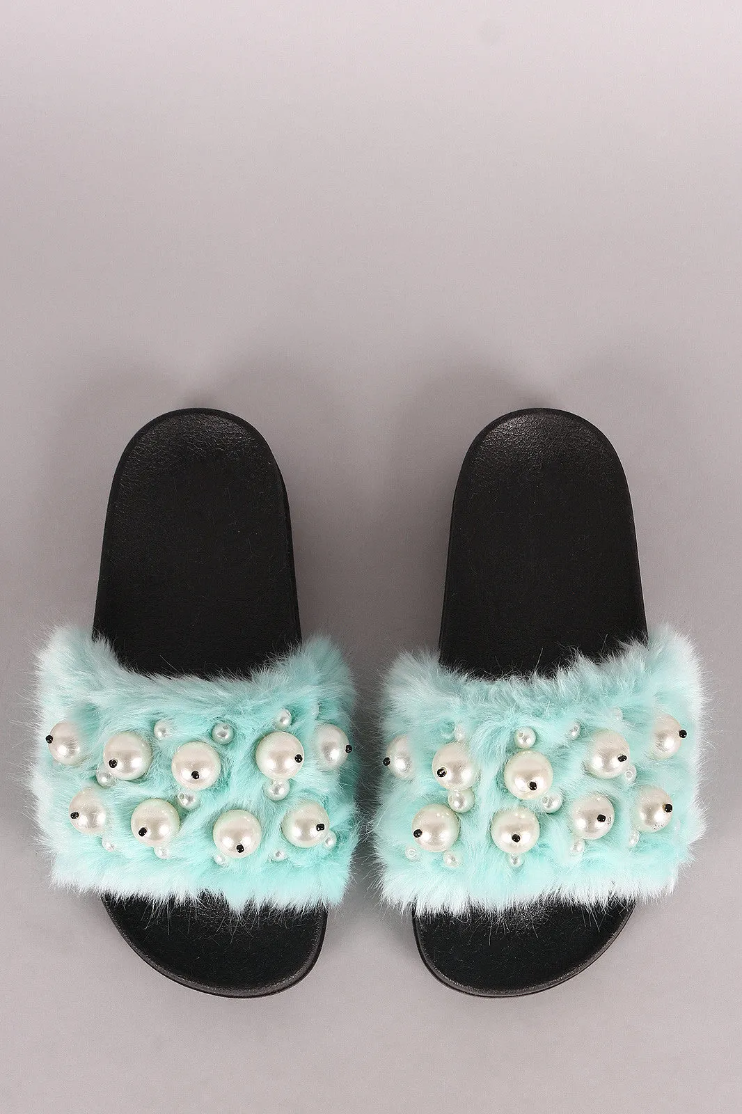 Faux Pearl Embellished Fur Slide Sandals