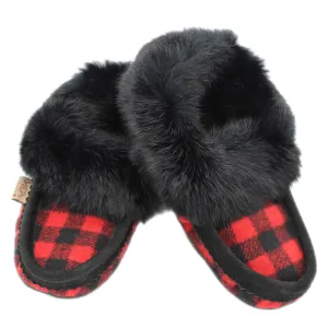 Fur Trim Moccasins - Black/Red Plaid