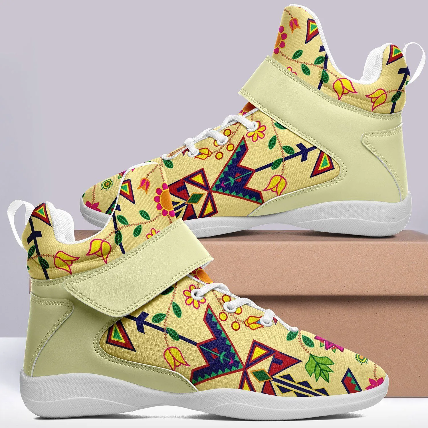 Geometric Floral Spring Vanilla Ipottaa Basketball / Sport High Top Shoes - White Sole