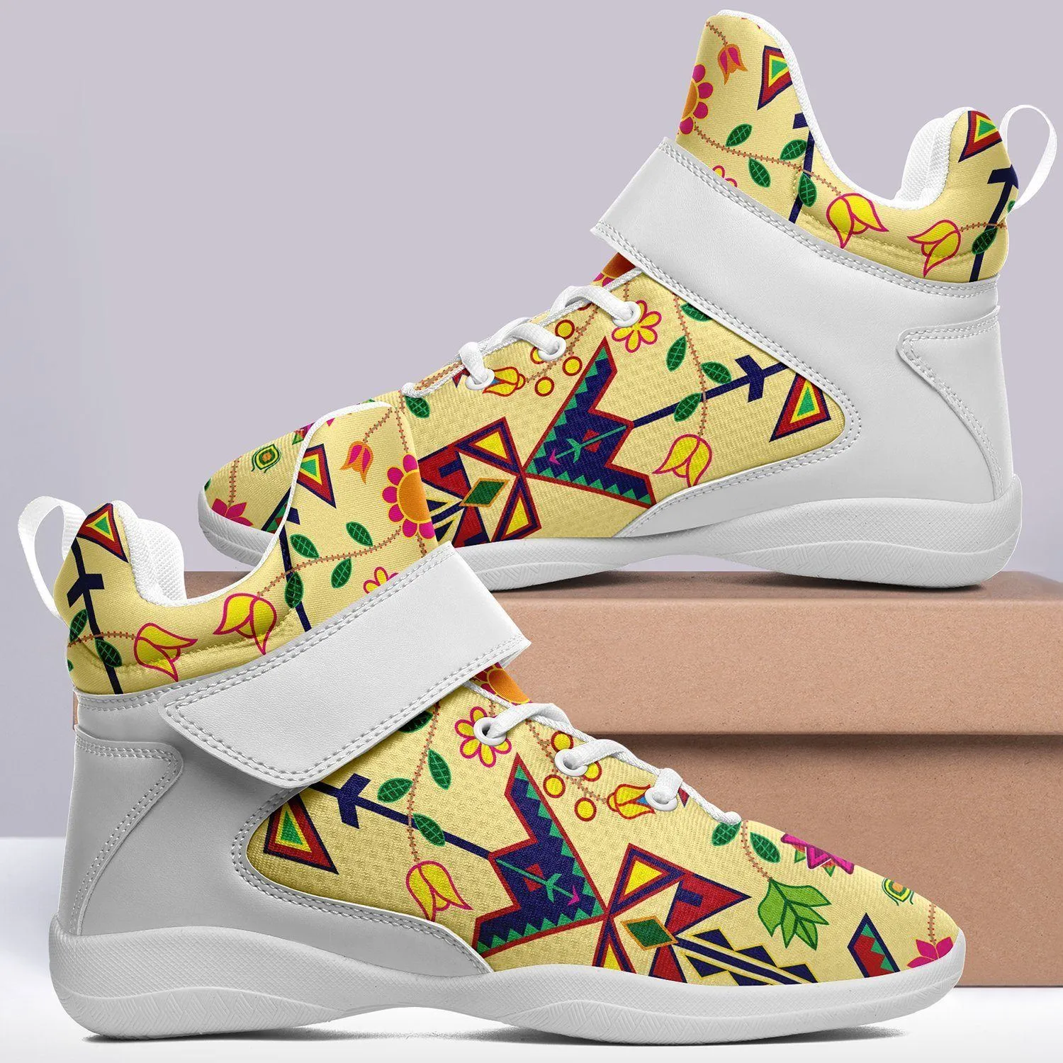 Geometric Floral Spring Vanilla Ipottaa Basketball / Sport High Top Shoes - White Sole