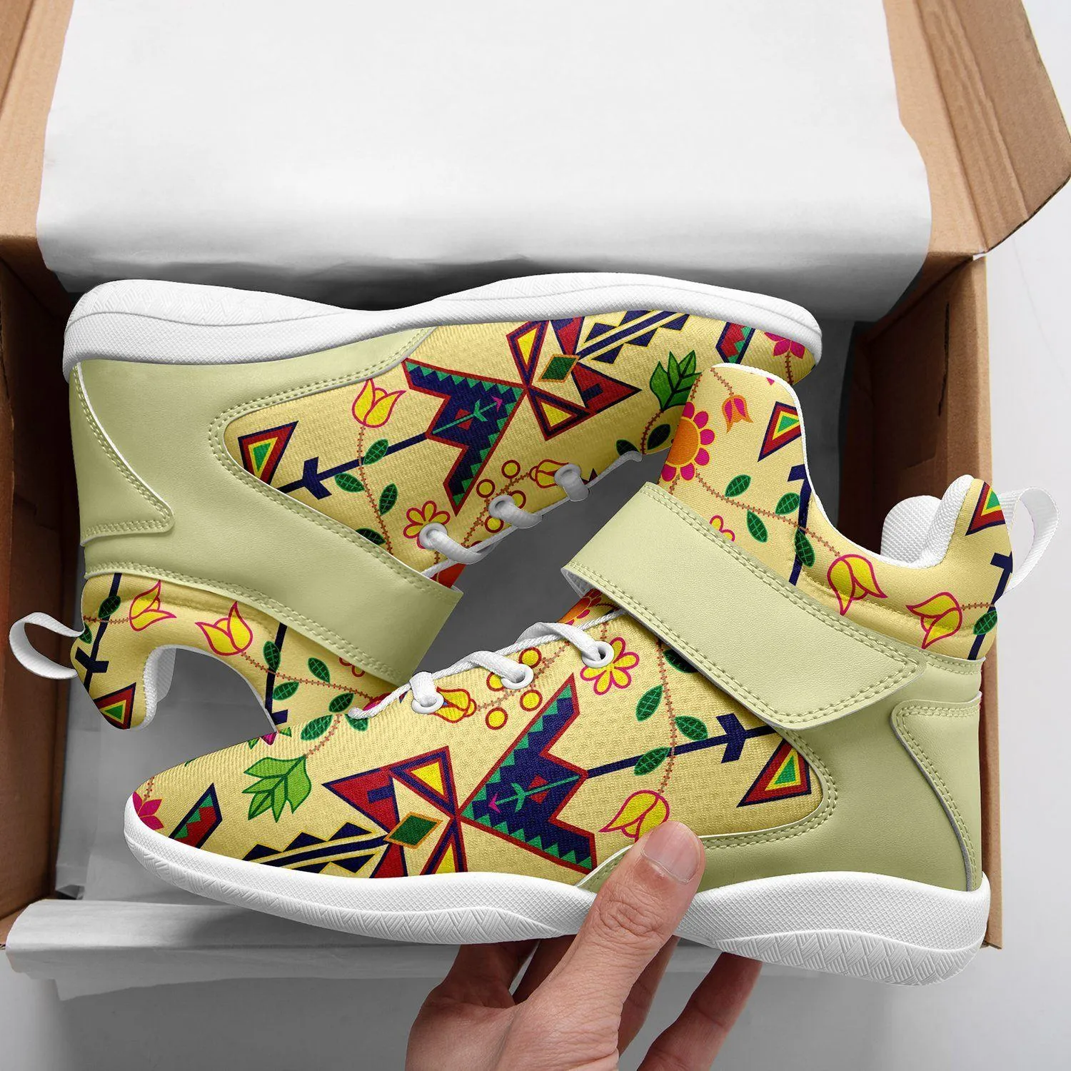 Geometric Floral Spring Vanilla Ipottaa Basketball / Sport High Top Shoes - White Sole