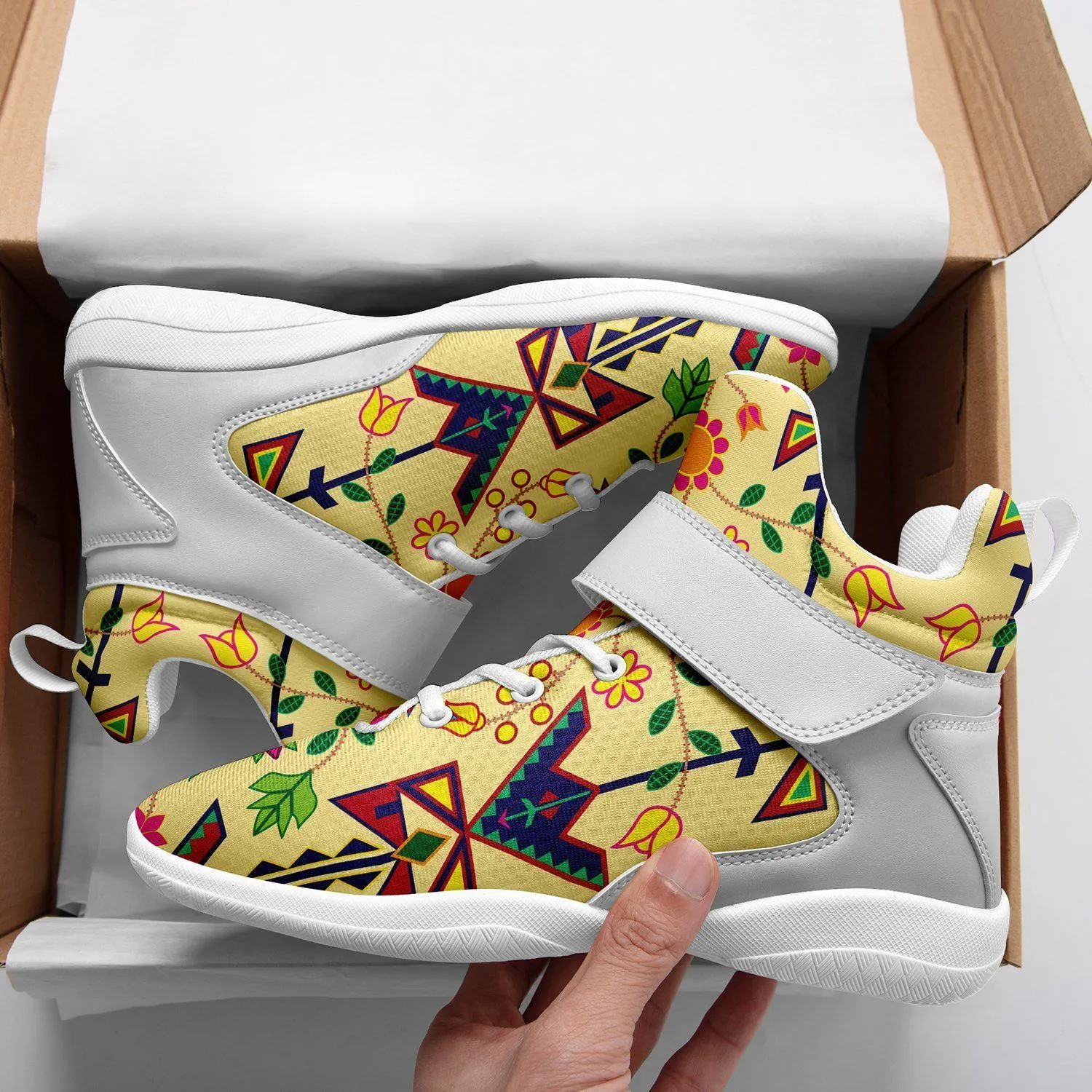 Geometric Floral Spring Vanilla Ipottaa Basketball / Sport High Top Shoes - White Sole