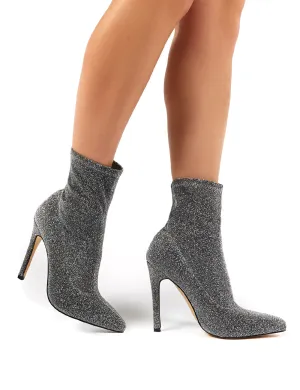 Glitz Silver Glitter Sock Ankle Boot Heels