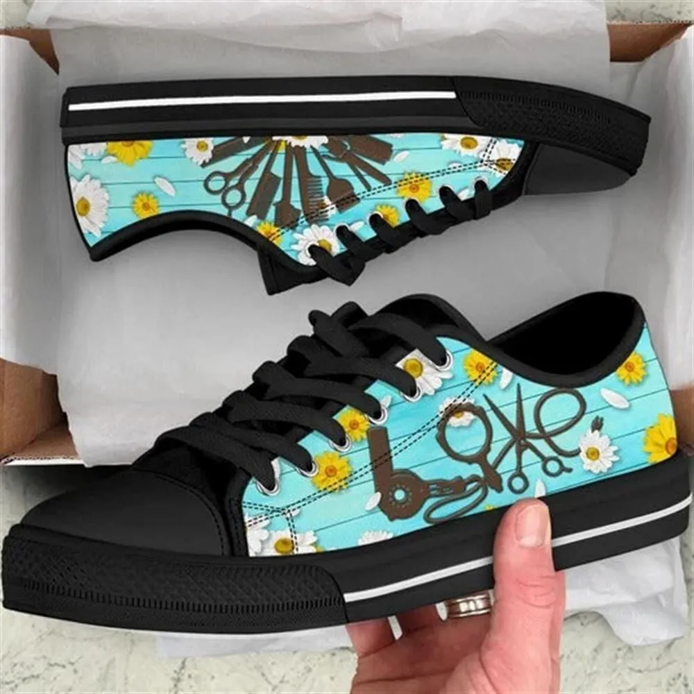 Hairstylist Daisy Flower Background Canvas Low Top Shoes, Low Top Sneaker, Low Top Canvas Shoes