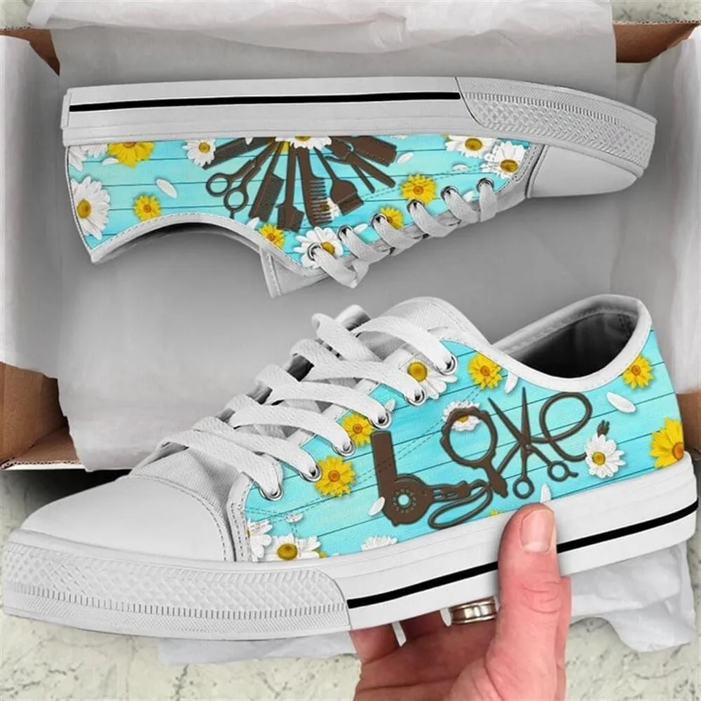 Hairstylist Daisy Flower Background Canvas Low Top Shoes, Low Top Sneaker, Low Top Canvas Shoes