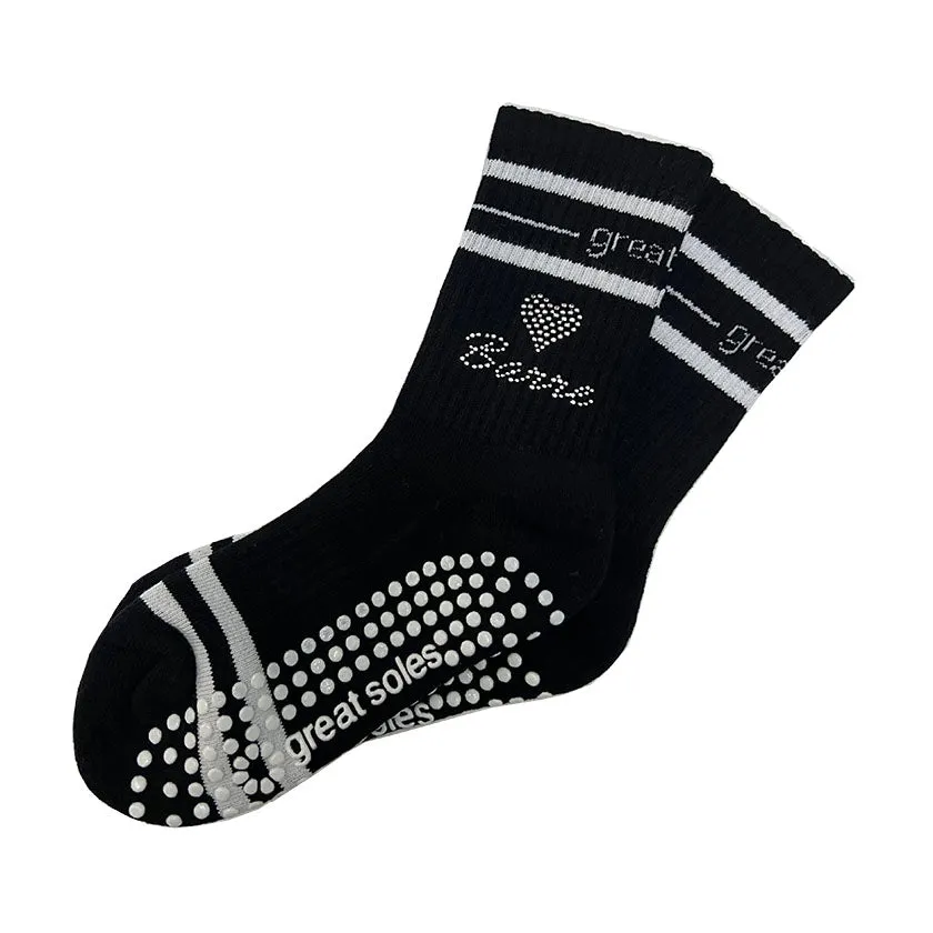 Jess Crew Grip Sock -Black/White Heart   Barre Studs