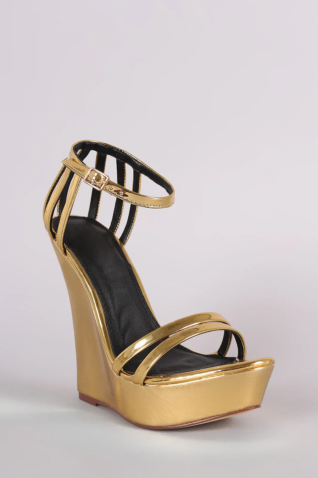 Liliana Mirror Metallic Caged Ankle Strap Platform Wedge