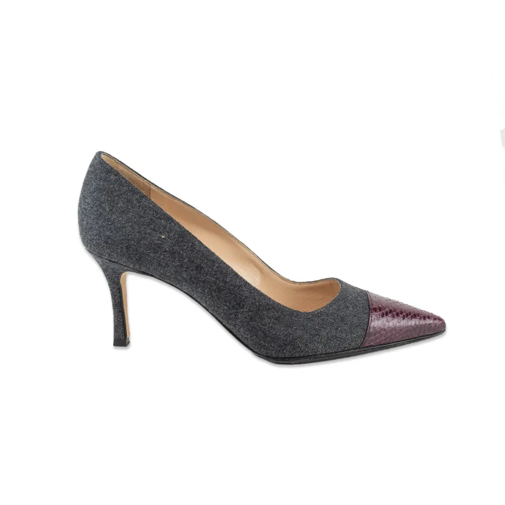 Manolo Blahnik Gray Kitten Heels with a Purple Snakeskin Toe Accent