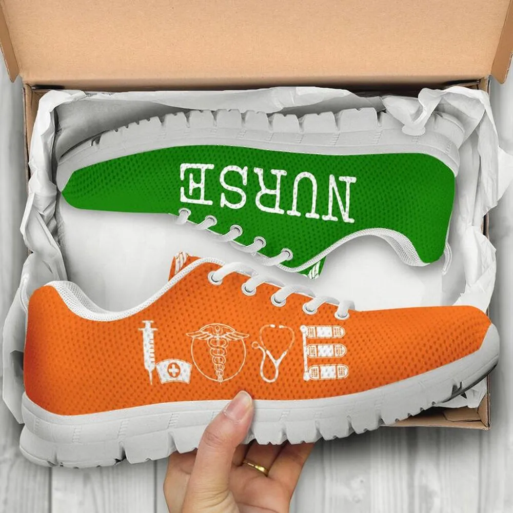 Nurse Sneaker, Nurse Love Green Orange Sneakers Shoes, Best Shoes For Nurses