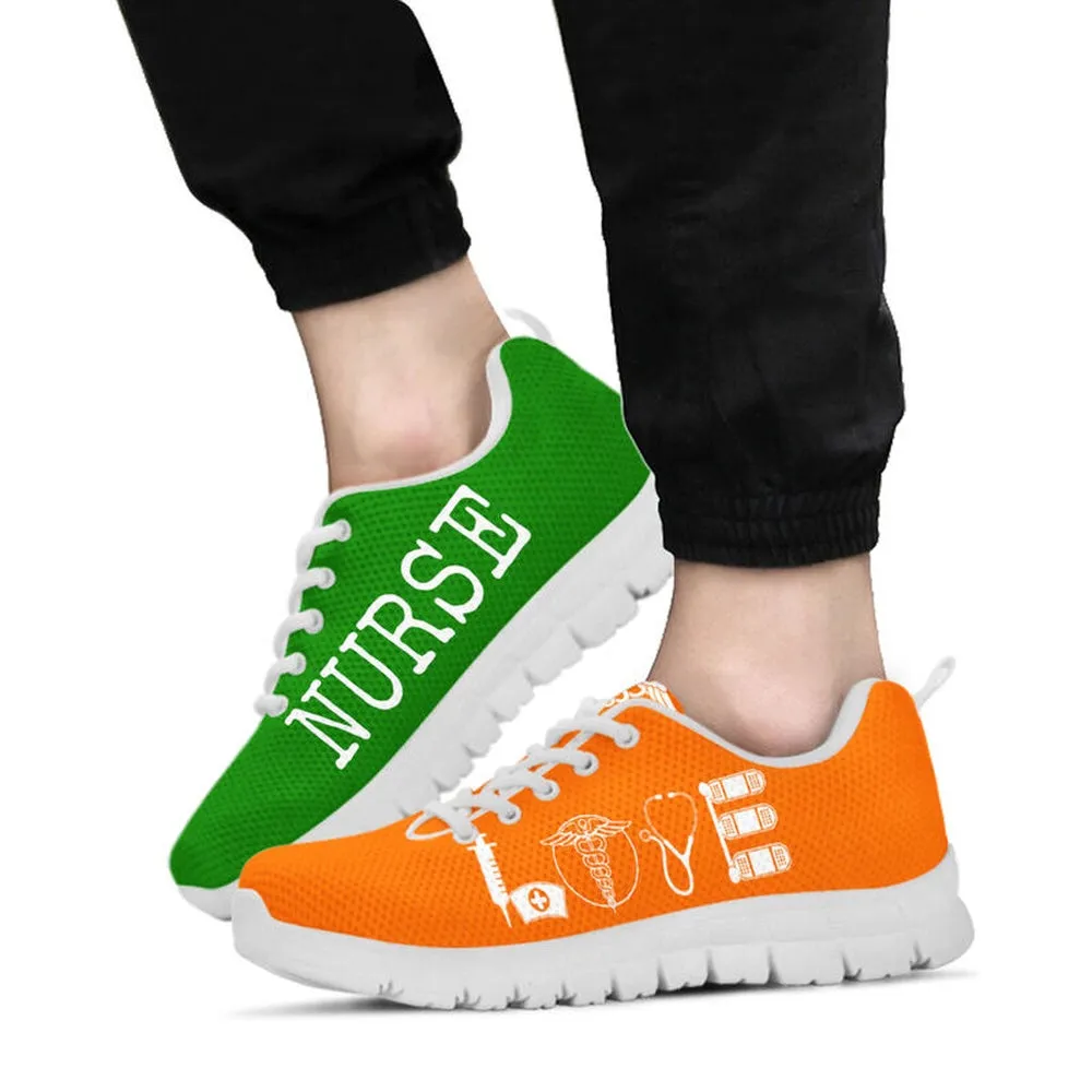 Nurse Sneaker, Nurse Love Green Orange Sneakers Shoes, Best Shoes For Nurses