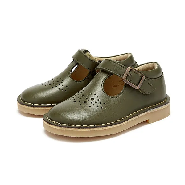 Penny T-Bar Kids Shoe Olive Leather