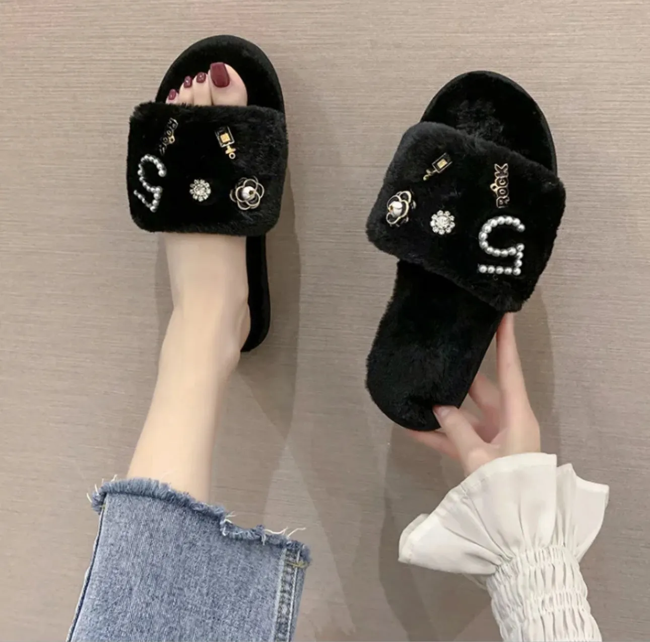 Personalized Embellished Slippers - Black