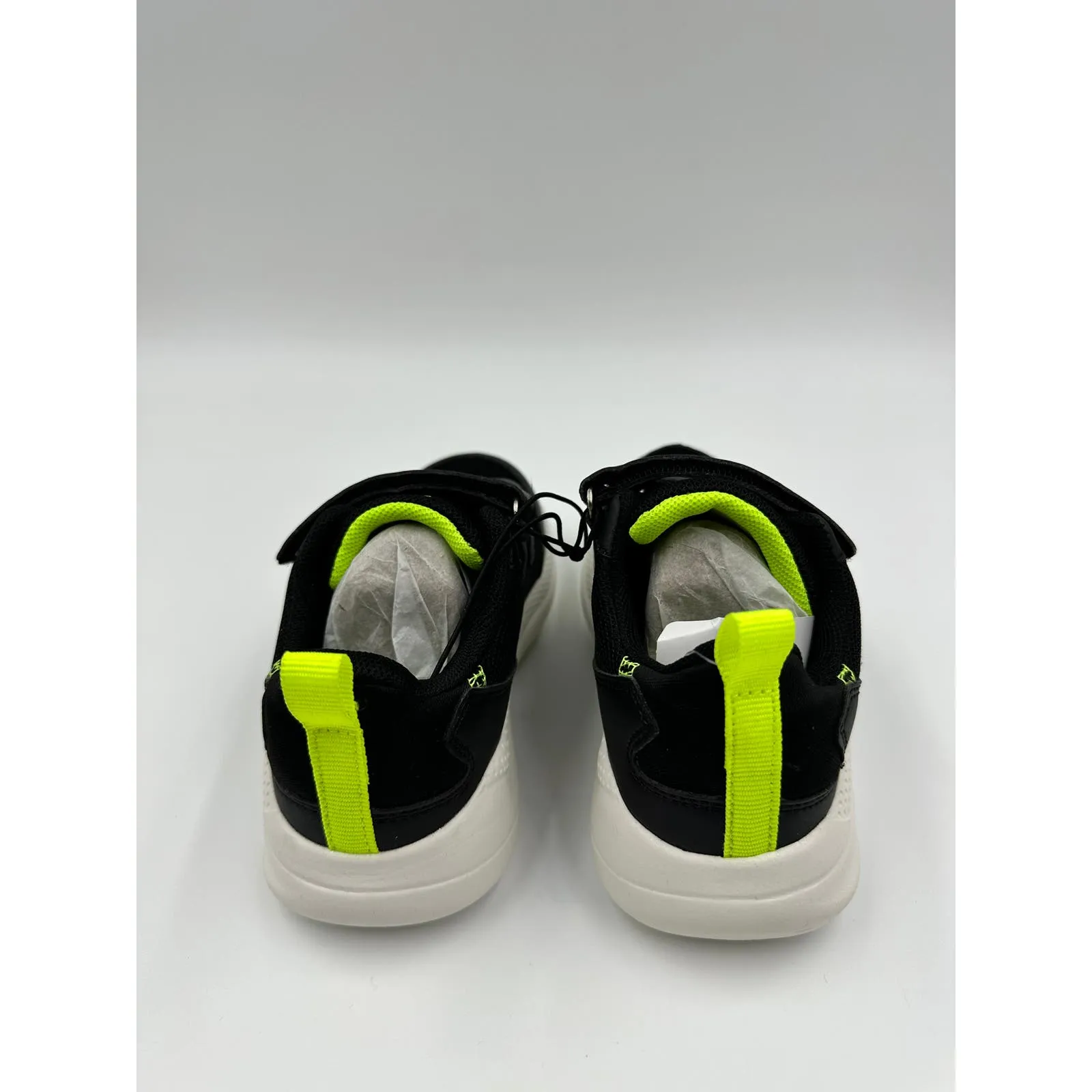 Small Kid Size 2 Black Sneakers, with Yellow Accents with White Sole and Straps