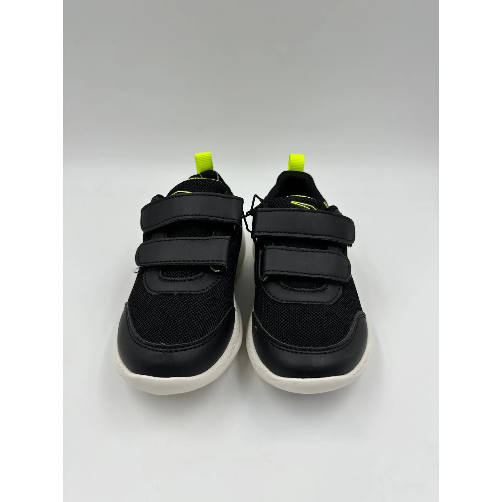 Small Kid Size 2 Black Sneakers, with Yellow Accents with White Sole and Straps