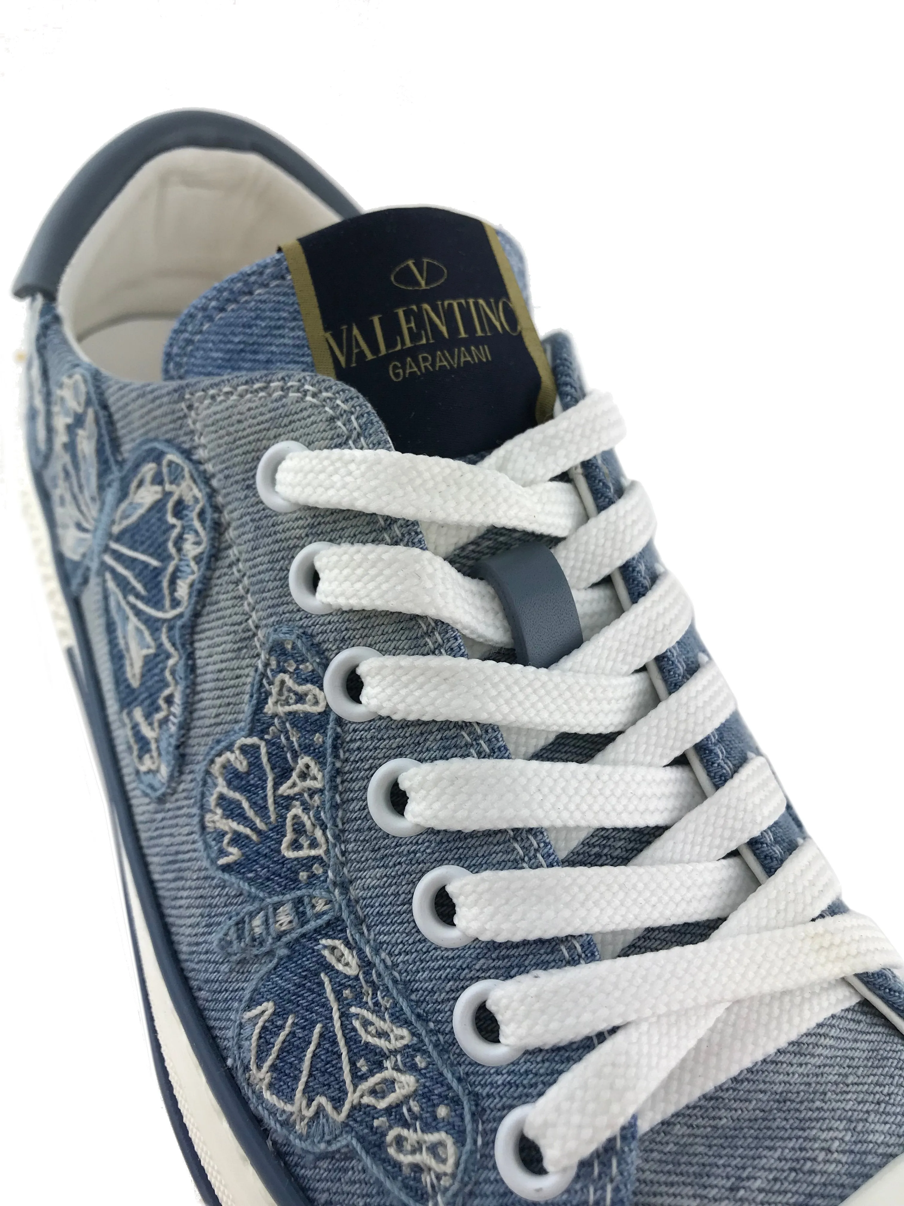 Valentino Butterfly-Embroidered Denim Sneakers Size 8.5