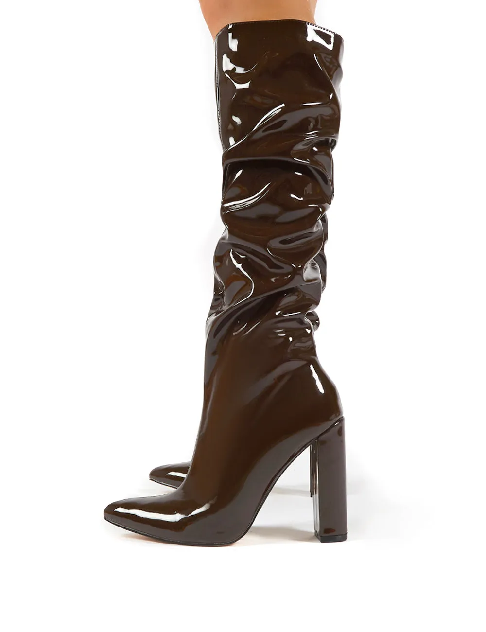 Yours Chocolate Patent Heeled Knee High Block Boots