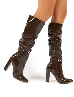 Yours Chocolate Patent Heeled Knee High Block Boots