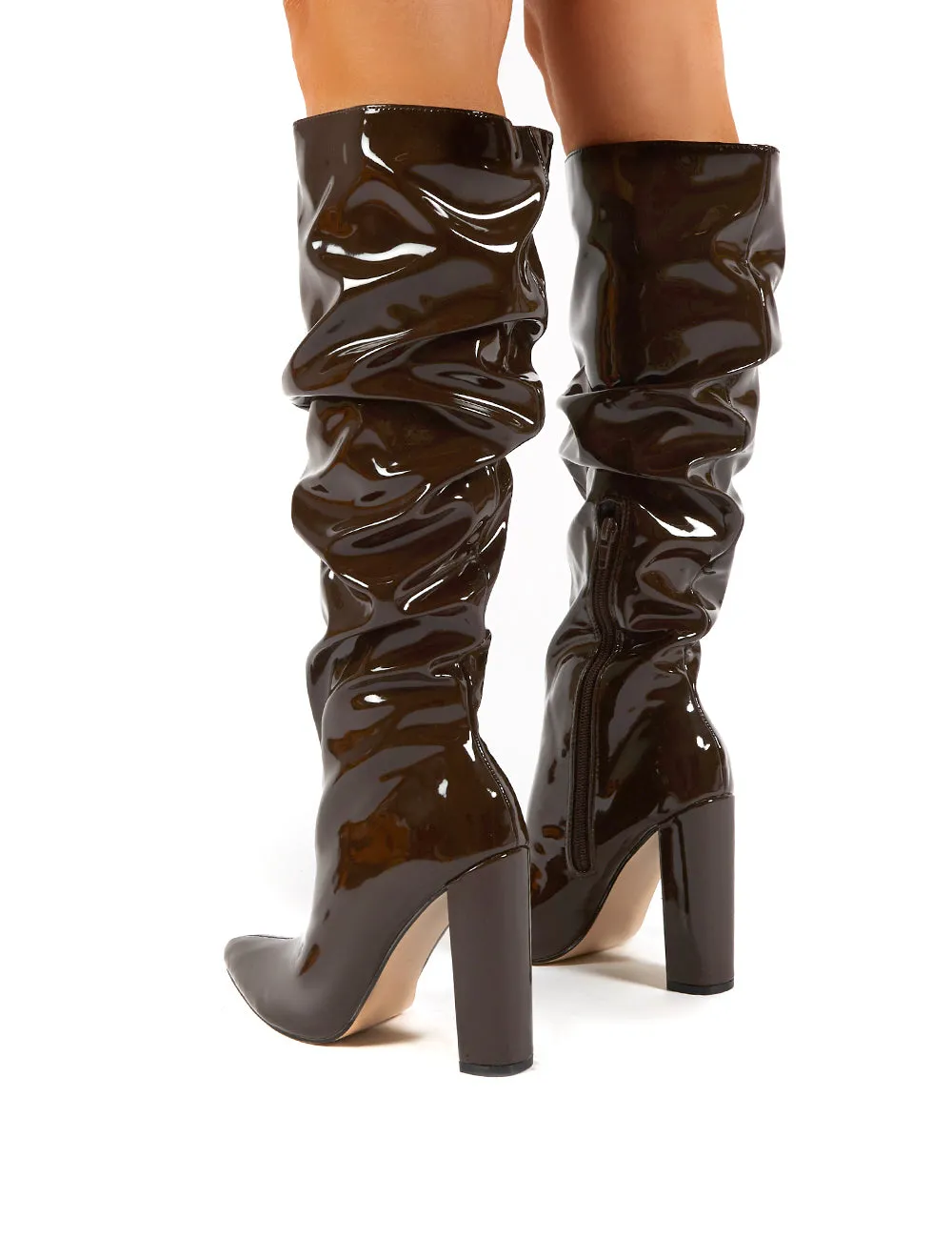 Yours Chocolate Patent Heeled Knee High Block Boots